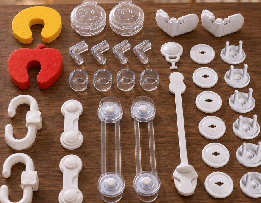 Secure Cuddle 33-piece baby safety kit laid out on a wooden table