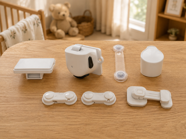 Flat lay of different cabinet lock styles for baby-proofing
