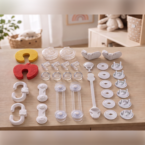 33-piece baby safety kit items laid out at home