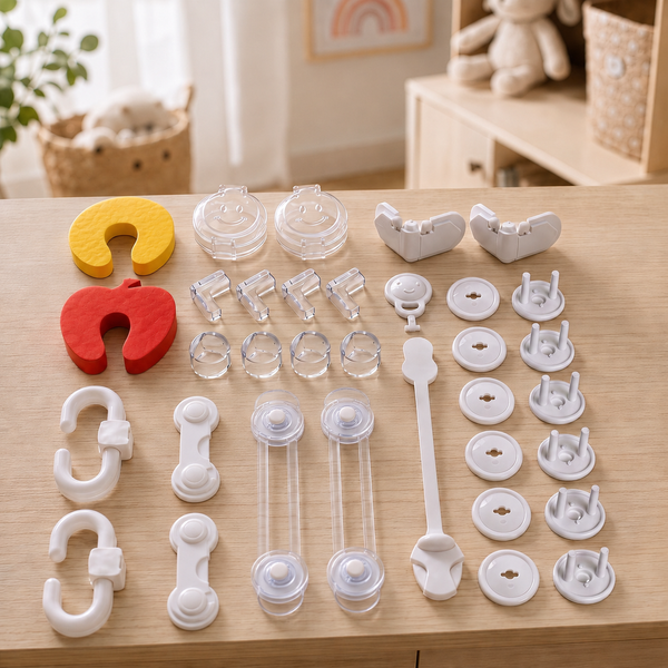 Secure Cuddle baby proofing kit with 33 safety pieces laid out, corner guards, locks and plug protectors
