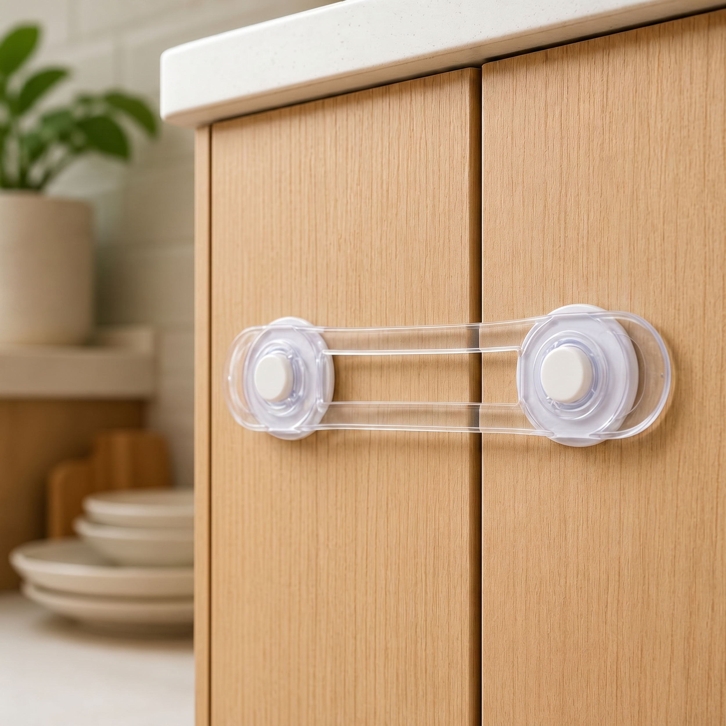 Secure Cuddle multi-purpose safety latch in clear strap style fitted on a wood cabinet to keep it closed