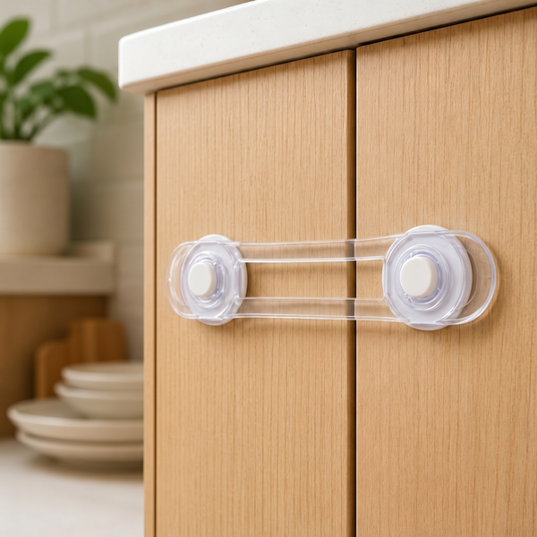 Secure Cuddle multi-purpose safety latch in clear strap style fitted on a wood cabinet to keep it closed