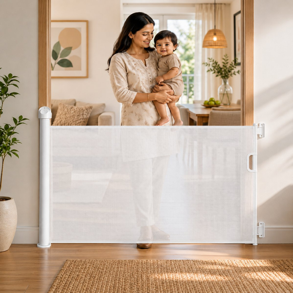 Secure Cuddle retractable safety gate extended across a doorway with mother and baby, mesh barrier for safety
