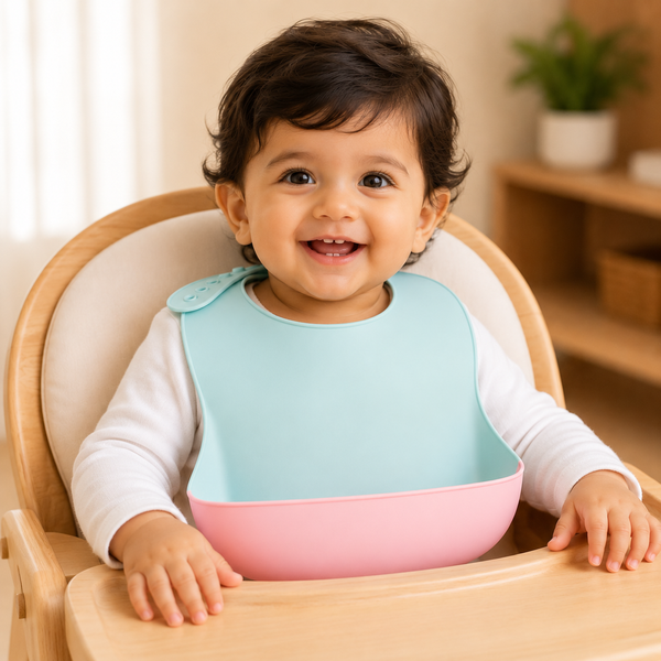 Secure Cuddle Silicone Baby Bib keeps mealtimes tidy with a soft, wipe-clean bib and food-catcher pocket.