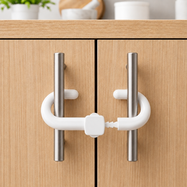 Secure Cuddle sliding cabinet lock securing two handles on a kitchen cabinet to keep children out