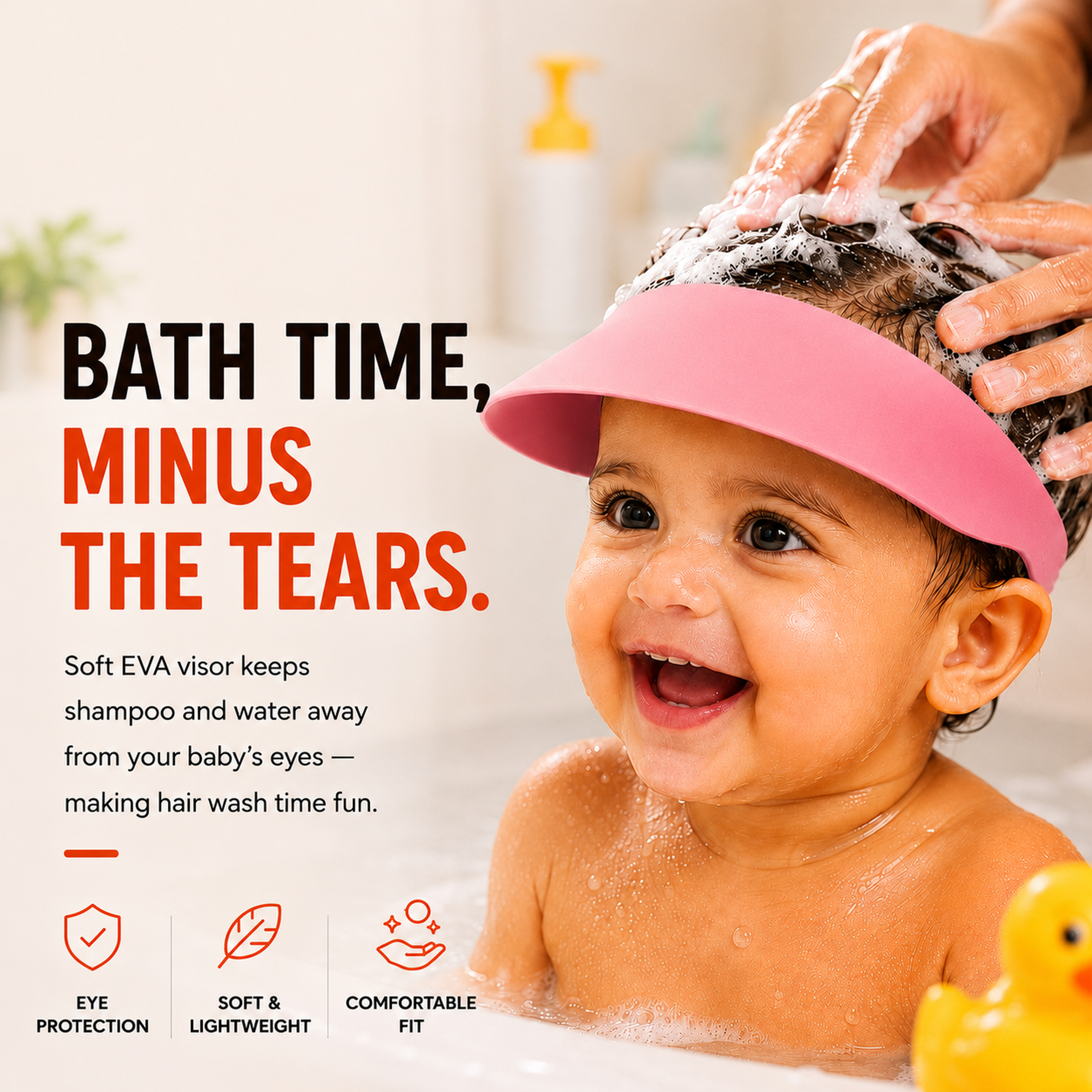 Baby in a Secure Cuddle Baby Shower Cap enjoys a calm, tear-free hair wash with shampoo kept from eyes.
