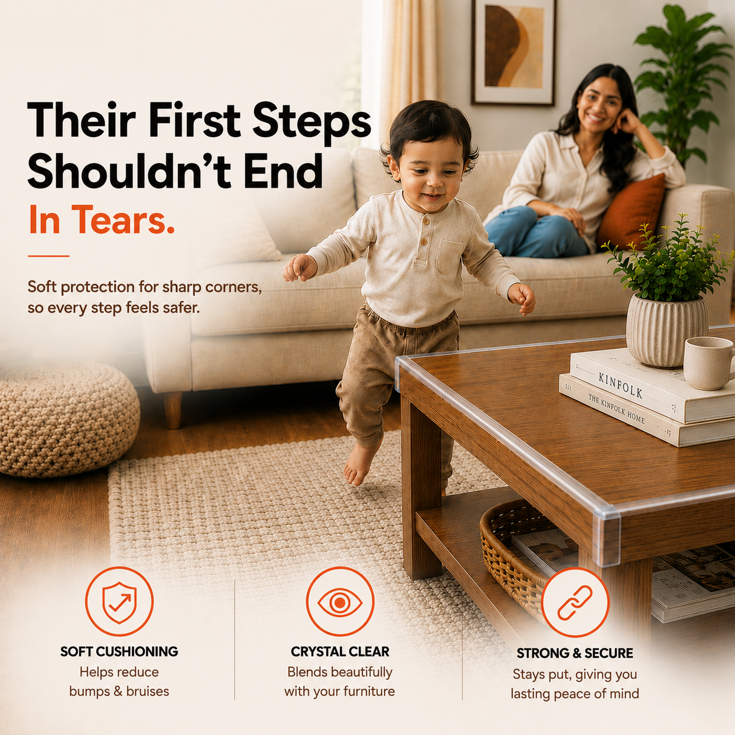 Toddler taking first steps by a coffee table fitted with Secure Cuddle clear edge protector for safety