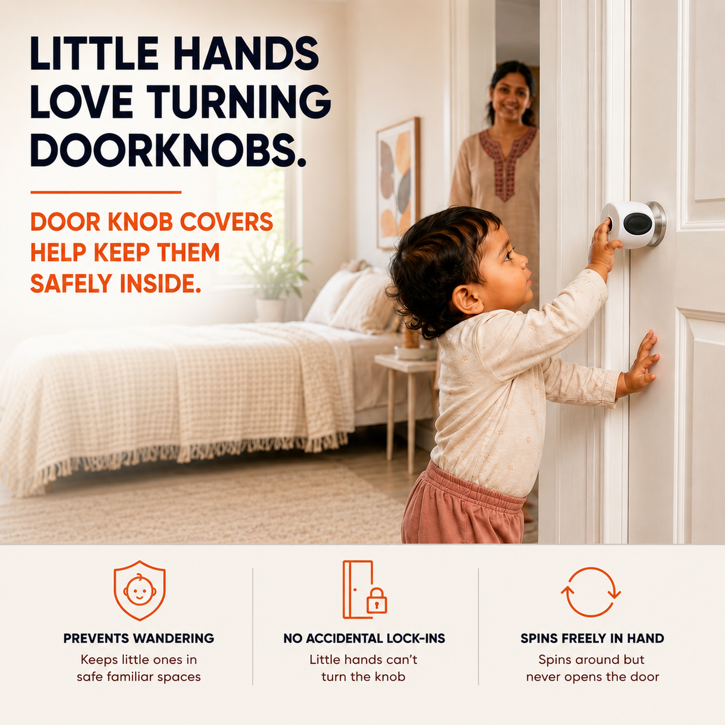 Toddler tries a doorknob fitted with Secure Cuddle door knob cover, helping keep little ones safely inside
