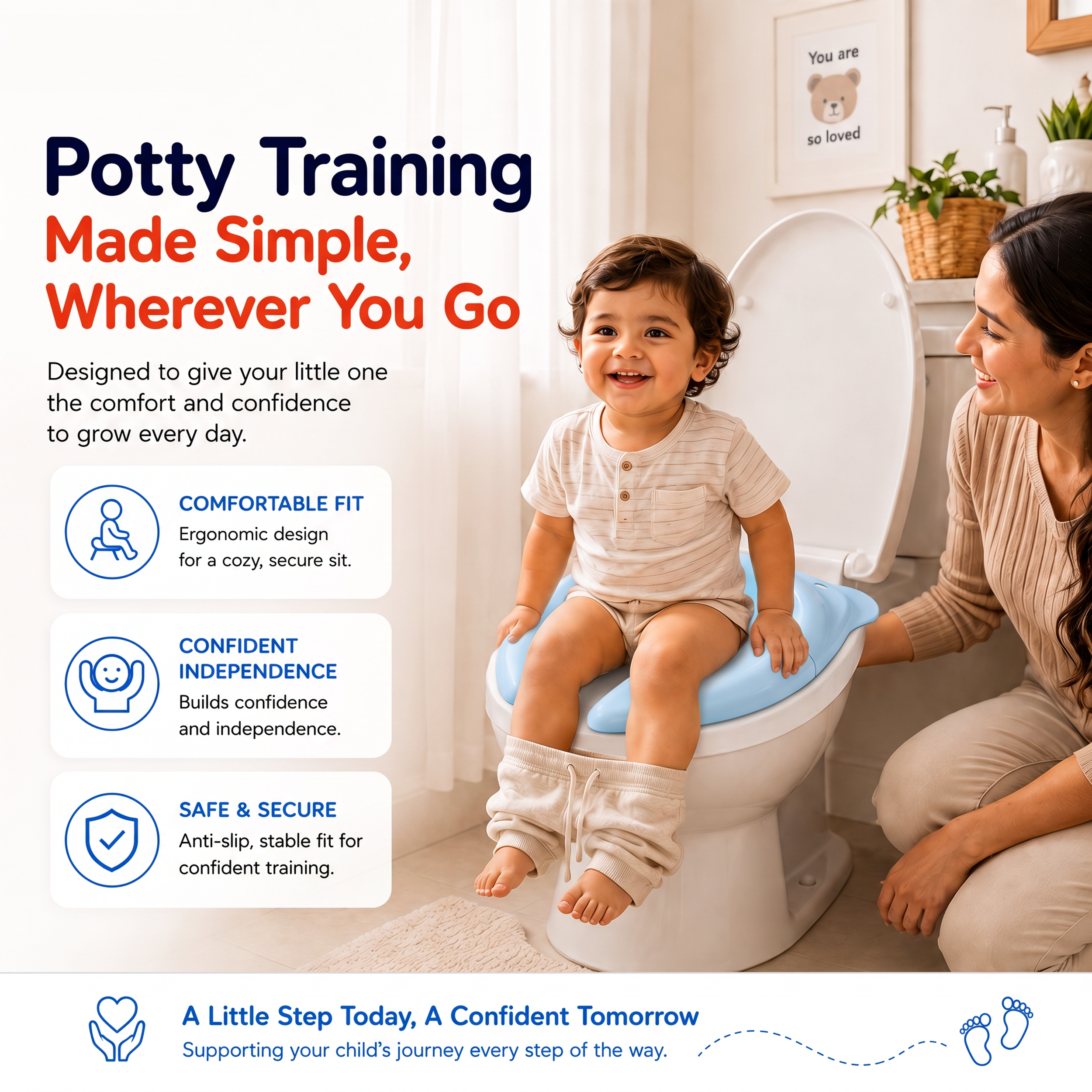Toddler sits confidently on a Secure Cuddle foldable potty training seat with parent supporting nearby