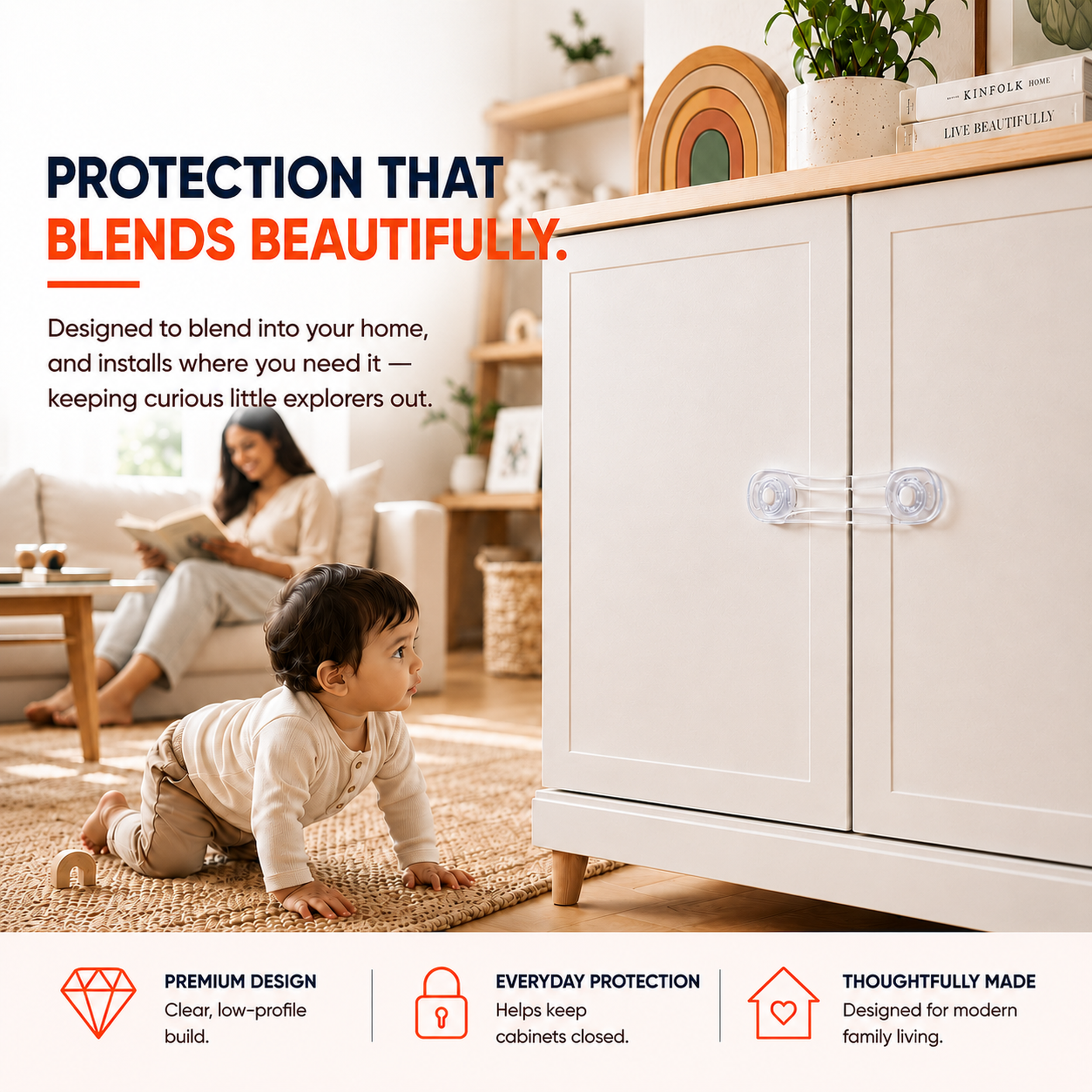 Baby crawls near a cabinet secured with Secure Cuddle multi-purpose safety latch that blends into the home