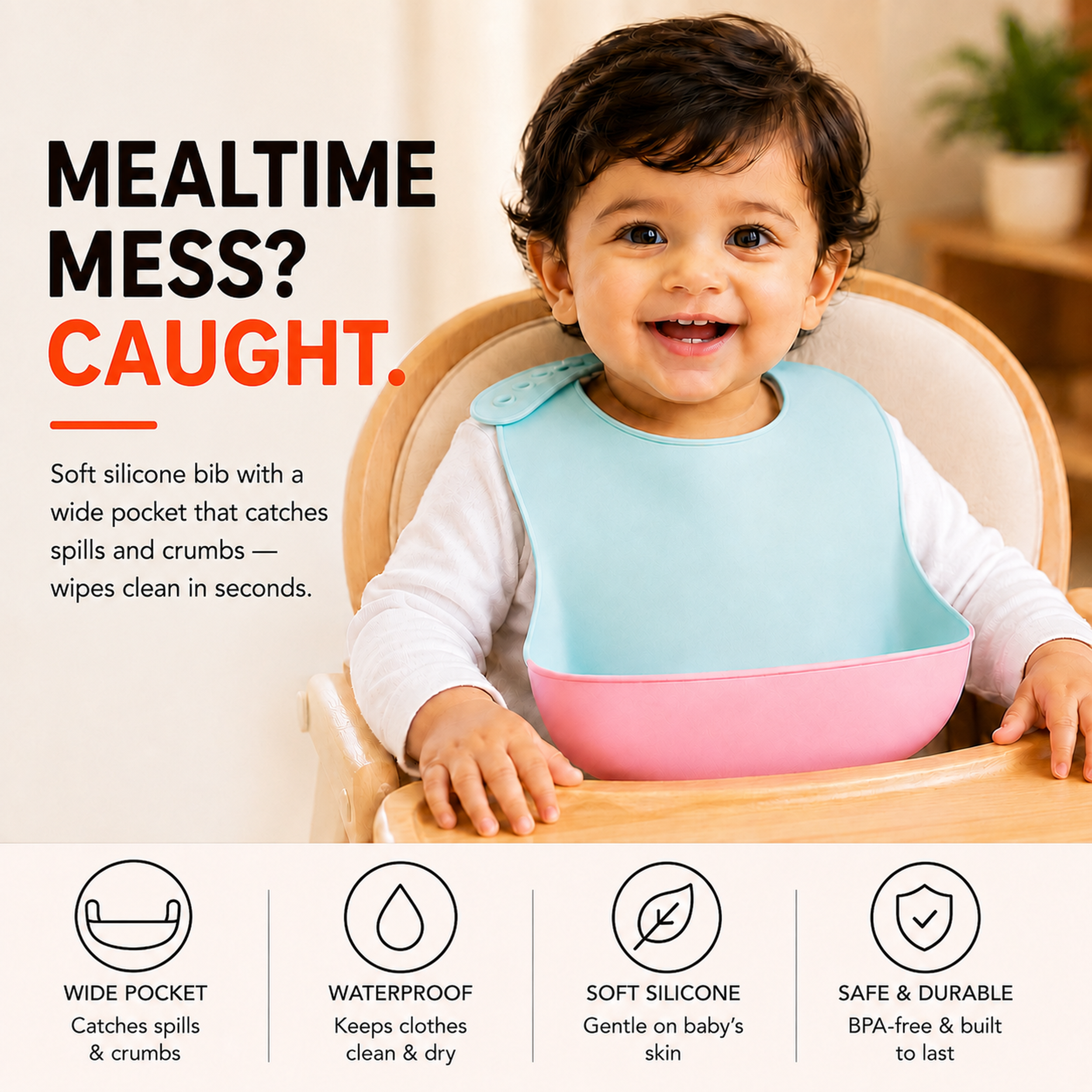 Baby in a Secure Cuddle Silicone Baby Bib eats happily as the wide pocket catches spills and crumbs.