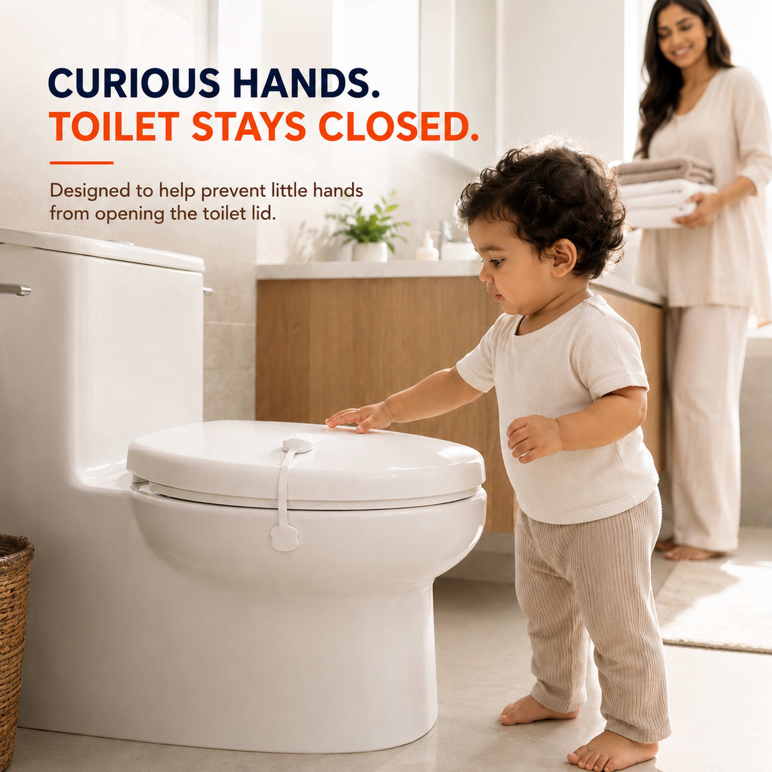 Toddler touches a closed toilet fitted with Secure Cuddle toilet lid lock, keeping curious hands from the lid