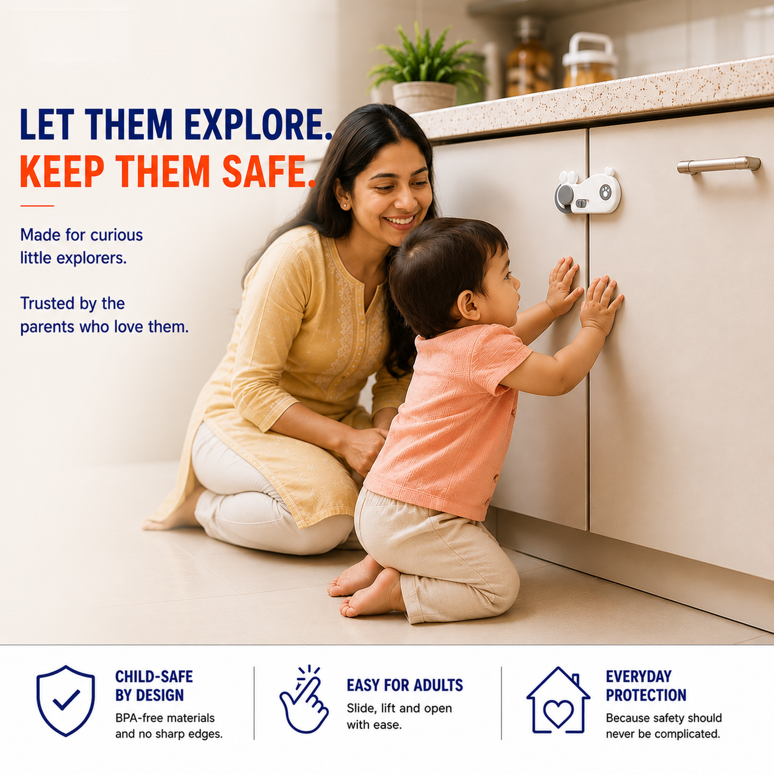 Mother and baby by a kitchen cabinet fitted with Secure Cuddle whale cabinet lock for safe exploration