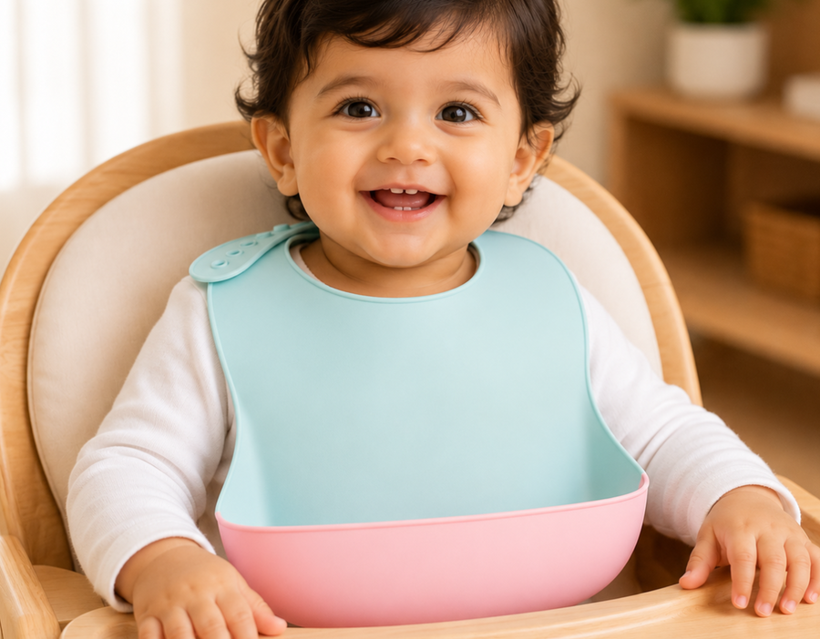 Smiling baby in a high chair wearing a Secure Cuddle waterproof silicone feeding bib
