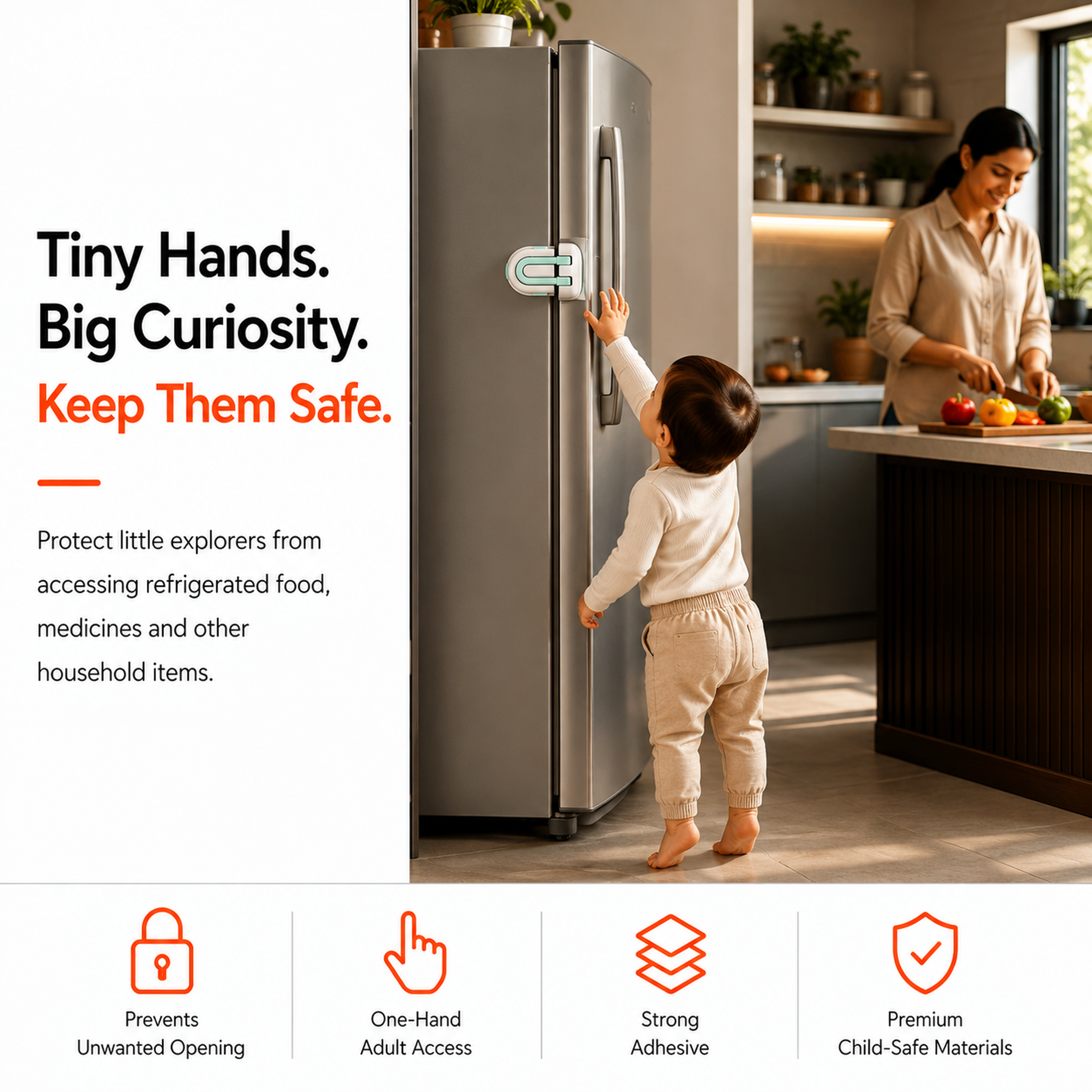 Secure Cuddle Refrigerator Lock keeps little explorers away from refrigerated food, medicines and more.