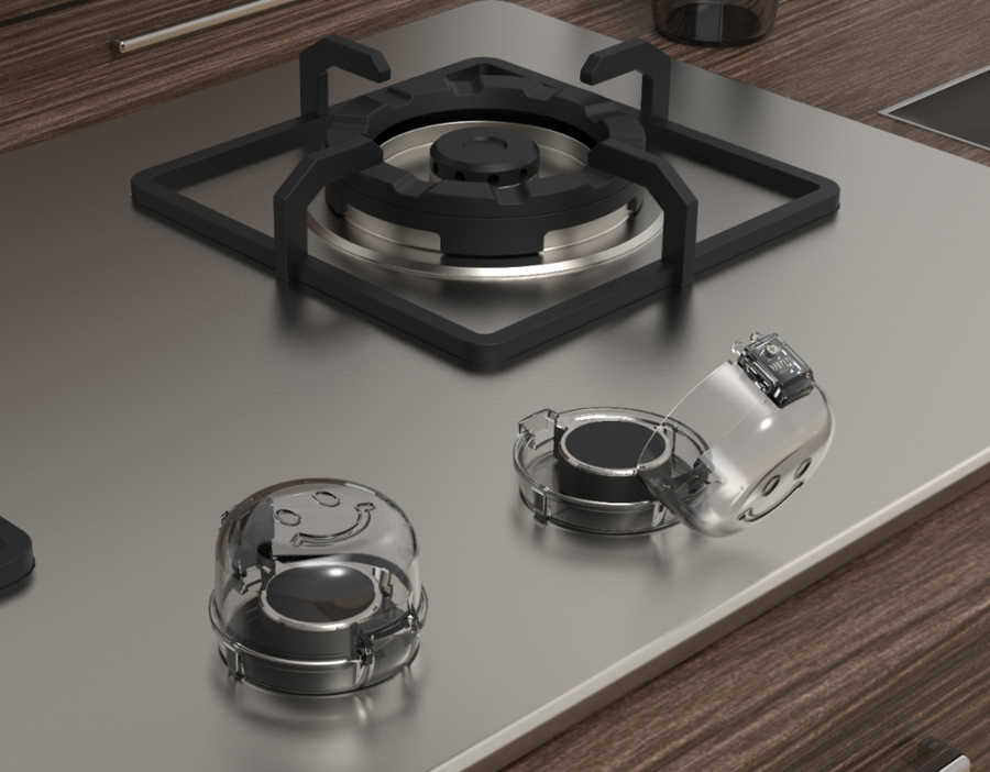 Secure Cuddle knob covers fitted on a gas stove knob in a modular kitchen