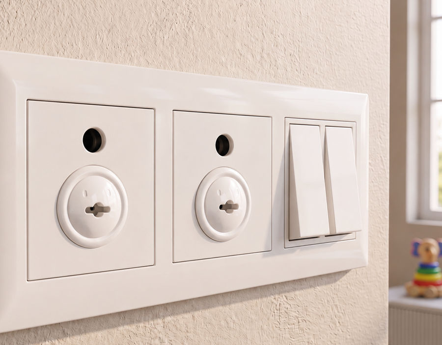 Secure Cuddle plug protectors fitted into a wall socket in an Indian home