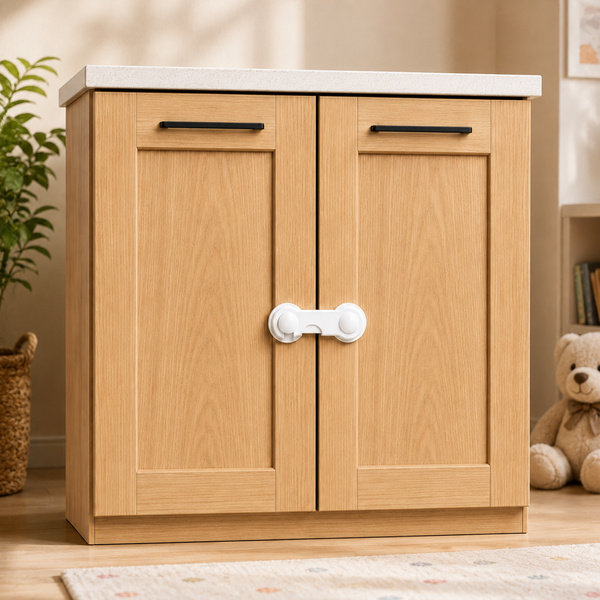 Secure Cuddle Cabinet and Drawer Latch holds two doors together to keep curious toddlers out.