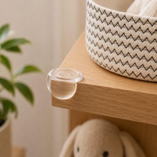 Clear Secure Cuddle Corner Protector cushions sharp table and shelf corners to guard against bumps.