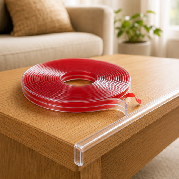 Clear Secure Cuddle Edge Protector cushions sharp table and furniture edges to keep babies safe.