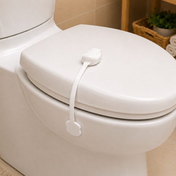 Secure Cuddle Toilet Lid Lock straps the lid shut to keep curious toddlers safely out of the toilet.