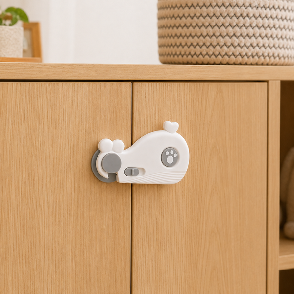 Secure Cuddle Whale Cabinet Lock keeps cabinet doors shut with a cute, child-resistant whale design.